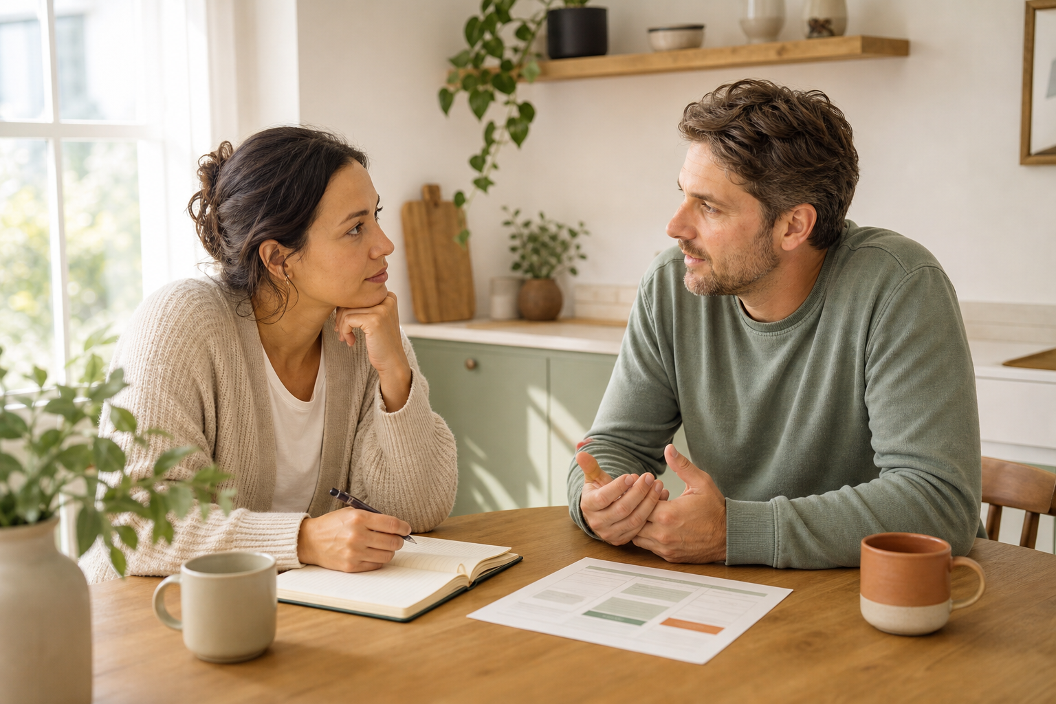 Two parents calmly discussing their child's education at a kitchen table